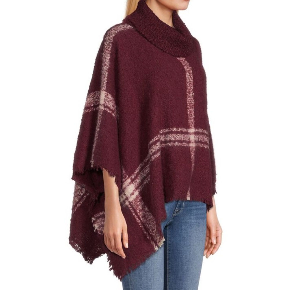 World Market Burgundy Plaid Knit Cowl Neck Poncho NWT